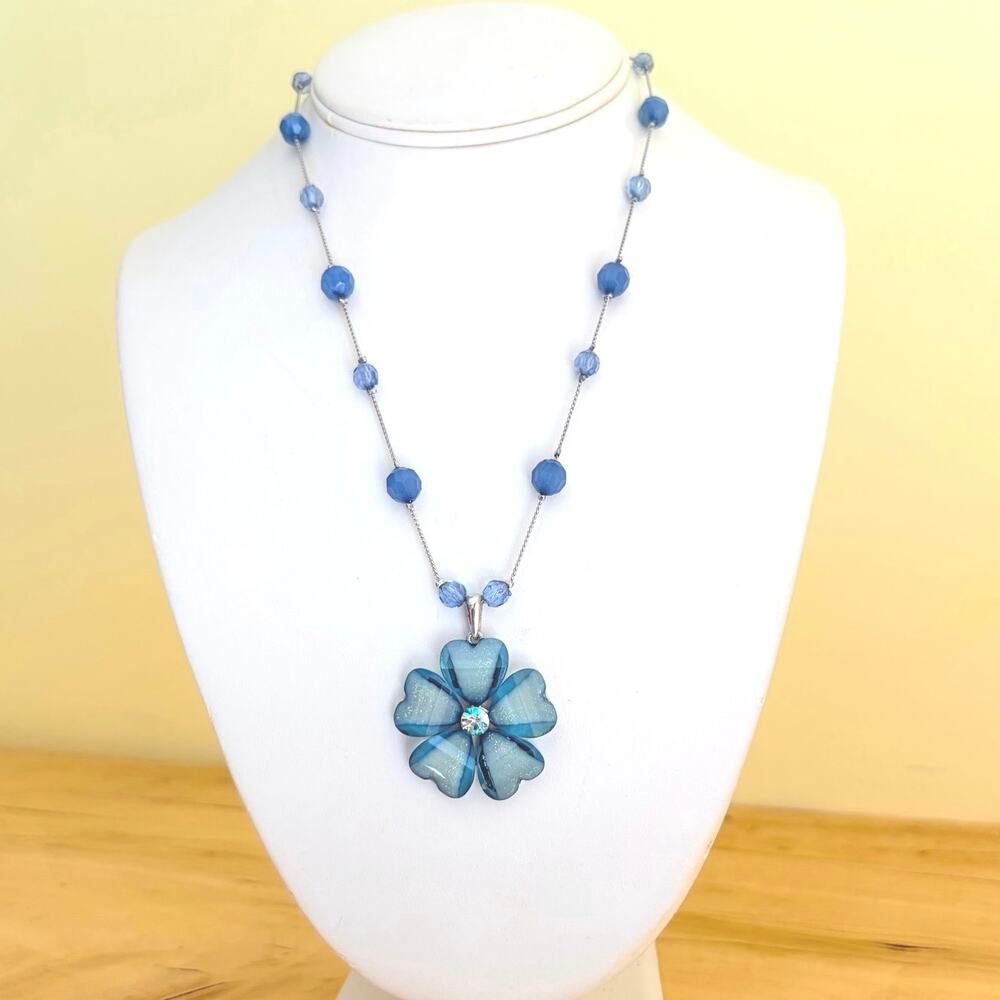 Vtg Blue Flower Pendant Necklace Silver Tone Illusion Rhinestone Bead Retro